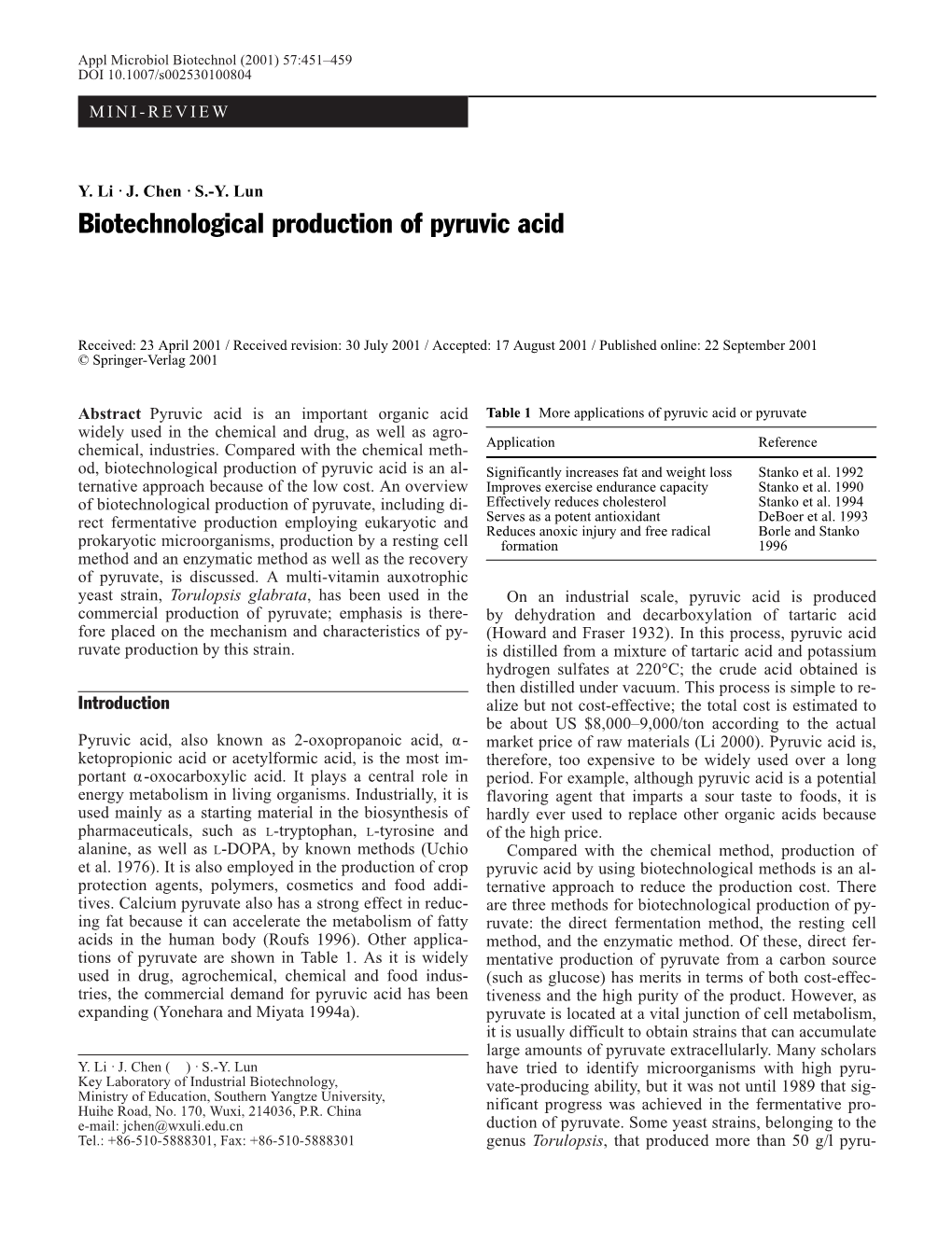 Biotechnological Production of Pyruvic Acid