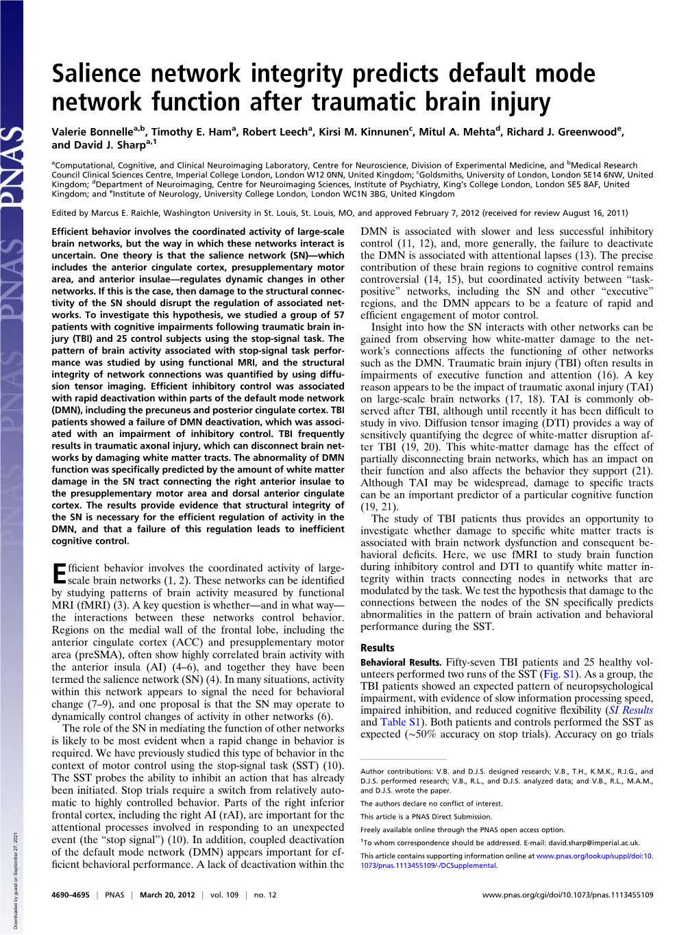 Salience Network Integrity Predicts Default Mode Network Function After Traumatic Brain Injury