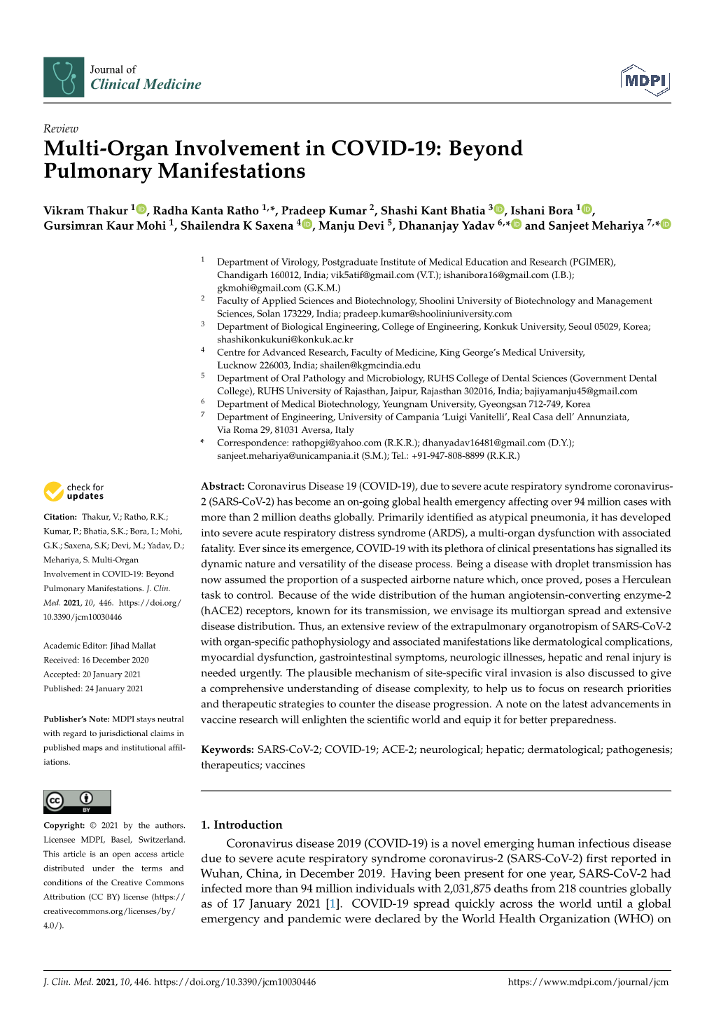 Multi-Organ Involvement in COVID-19: Beyond Pulmonary Manifestations