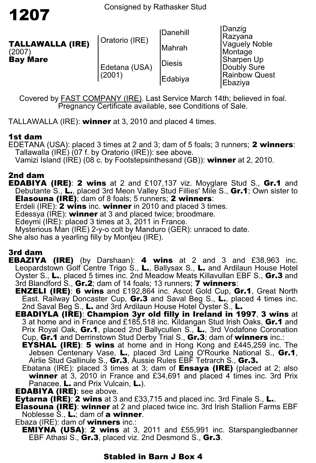 Consigned by Rathasker Stud Danehill Danzig Razyana