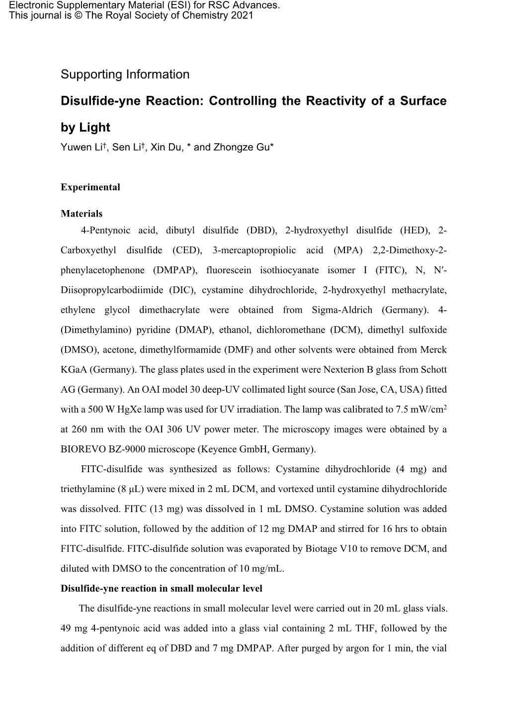 Supporting Information Disulfide-Yne Reaction