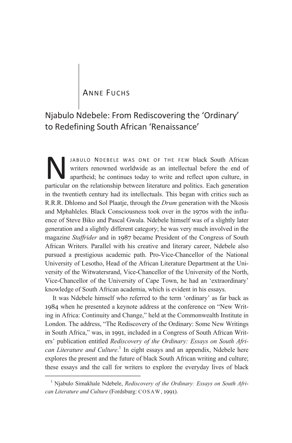 Njabulo Ndebele: from Rediscovering the ‘Ordinary’ to Redefining South African ‘Renaissance’