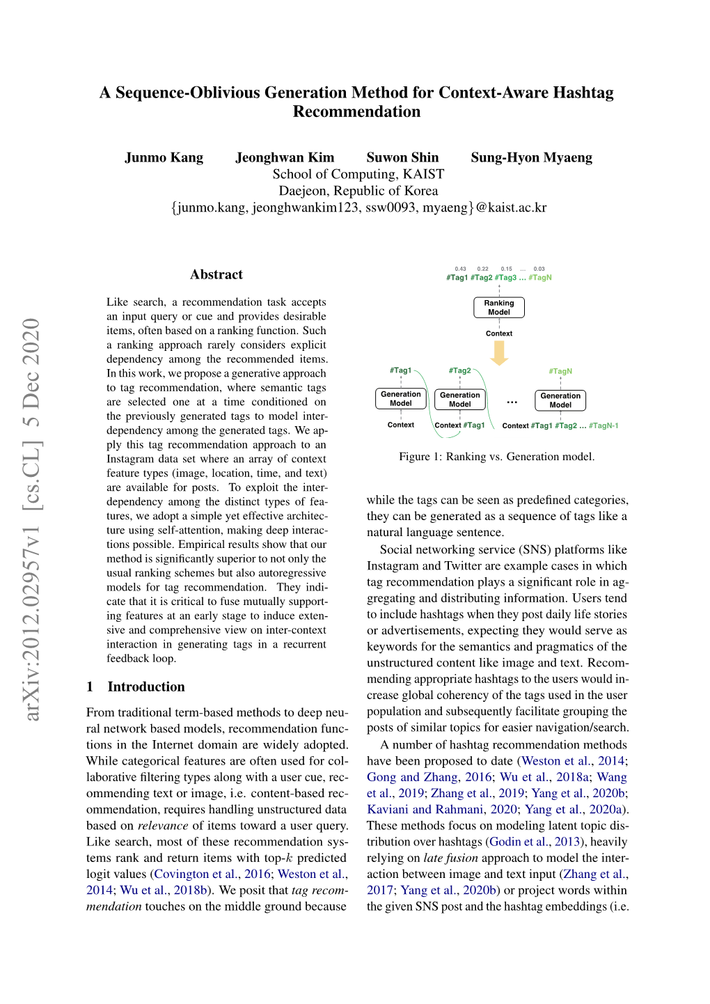 A Sequence-Oblivious Generation Method for Context-Aware Hashtag Recommendation