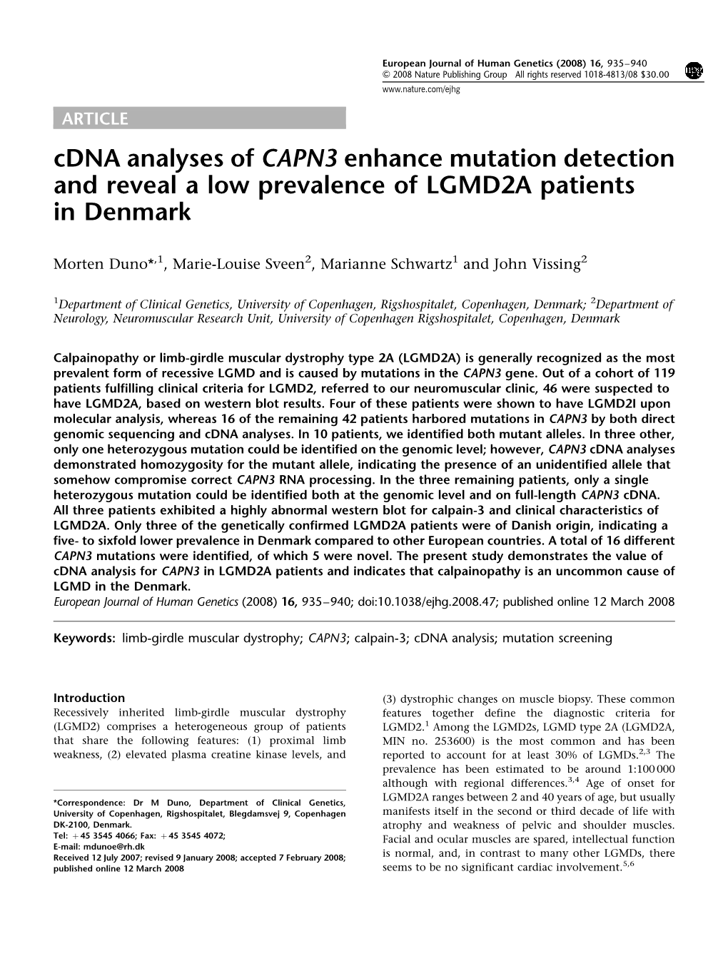Cdna Analyses of CAPN3 Enhance Mutation Detection and Reveal a Low Prevalence of LGMD2A Patients in Denmark