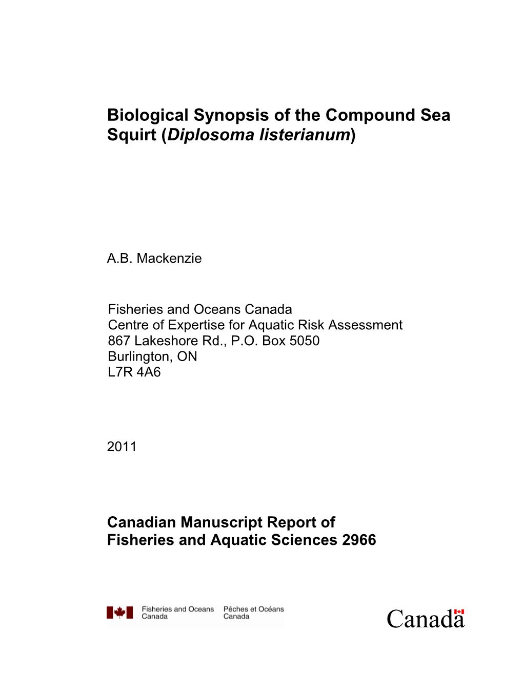 Biological Synopsis of the Compound Sea Squirt (Diplosoma Listerianum)