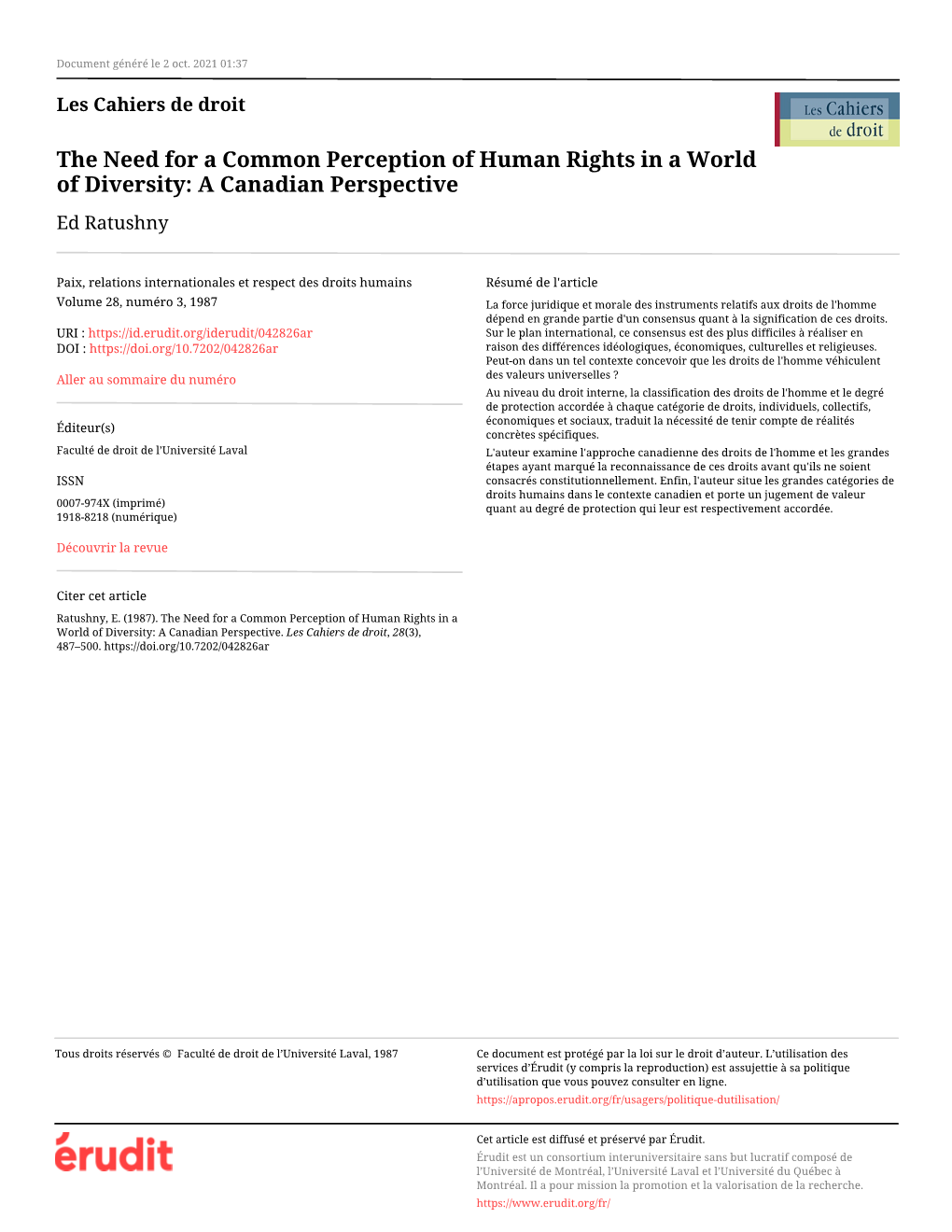 The Need for a Common Perception of Human Rights in a World of Diversity: a Canadian Perspective Ed Ratushny