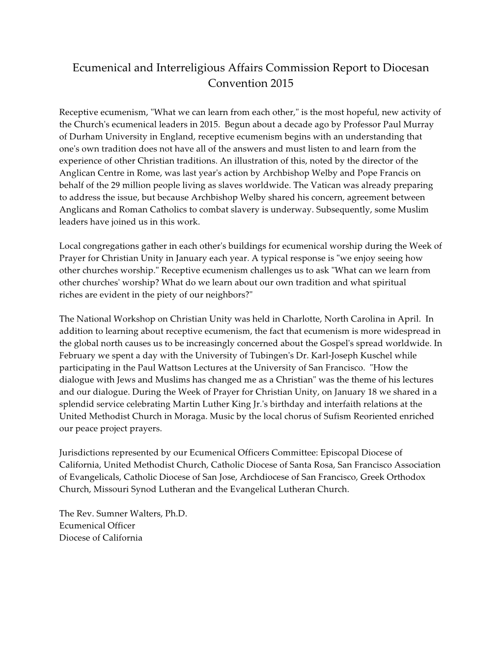 Ecumenical and Interreligious Affairs Commission Report to Diocesan Convention 2015