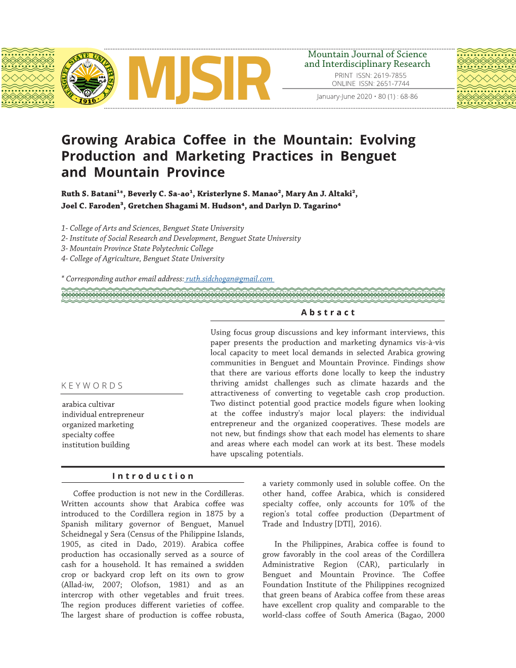 Growing Arabica Coffee in the Mountain: Evolving Production and Marketing Practices in Benguet and Mountain Province