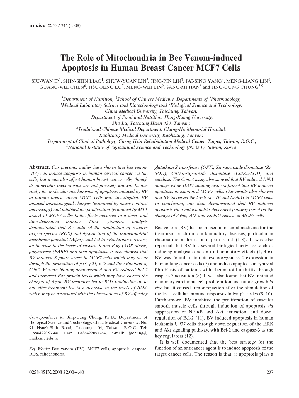 The Role of Mitochondria in Bee Venom-Induced Apoptosis in Human Breast Cancer MCF7 Cells