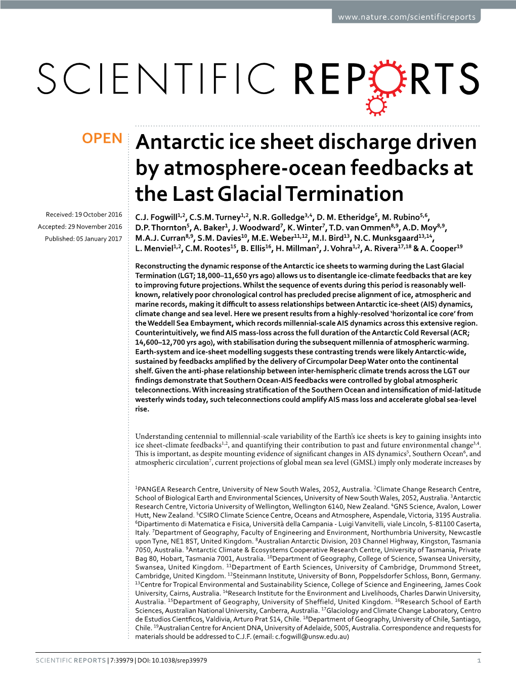 Antarctic Ice Sheet Discharge Driven by Atmosphere-Ocean Feedbacks at the Last Glacial Termination Received: 19 October 2016 C.J