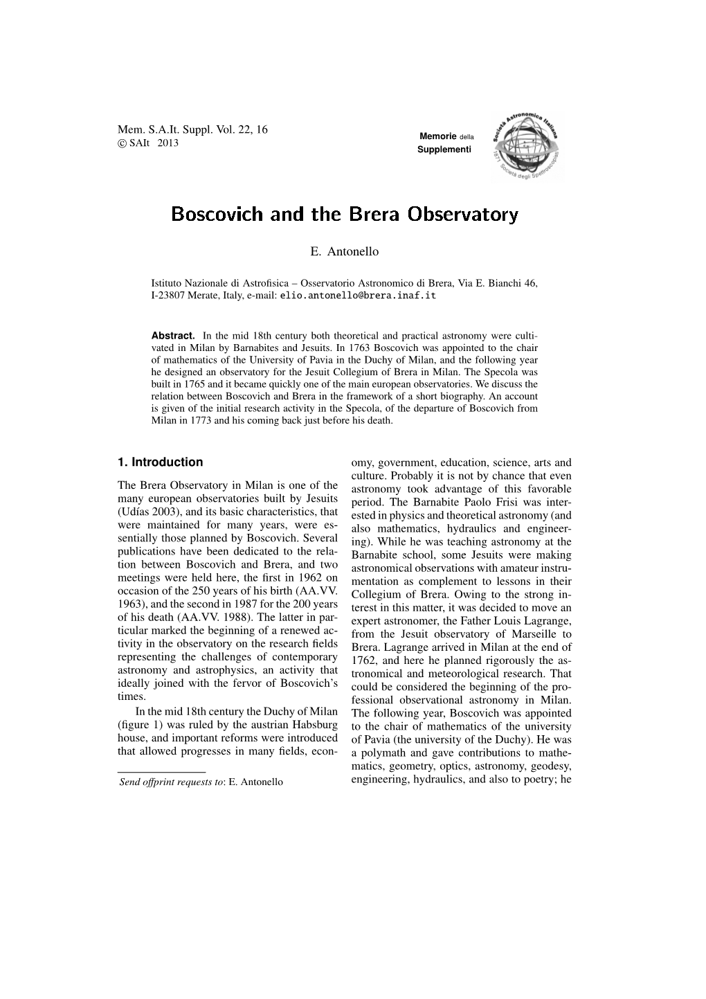 Boscovich and the Brera Observatory