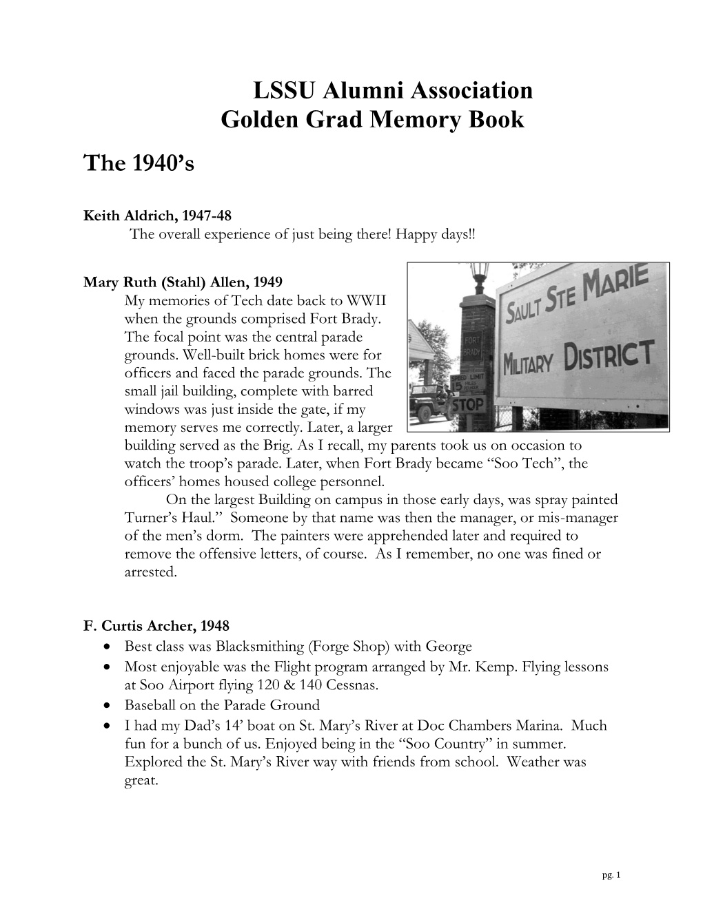 LSSU Alumni Association Golden Grad Memory Book the 1940'S