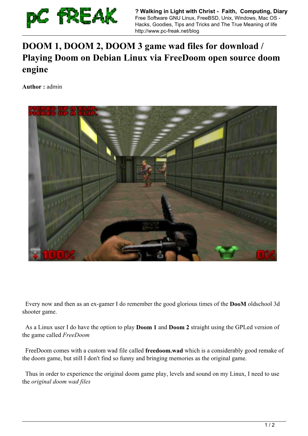 DOOM 1, DOOM 2, DOOM 3 Game Wad Files for Download / Playing Doom on Debian Linux Via Freedoom Open Source Doom Engine