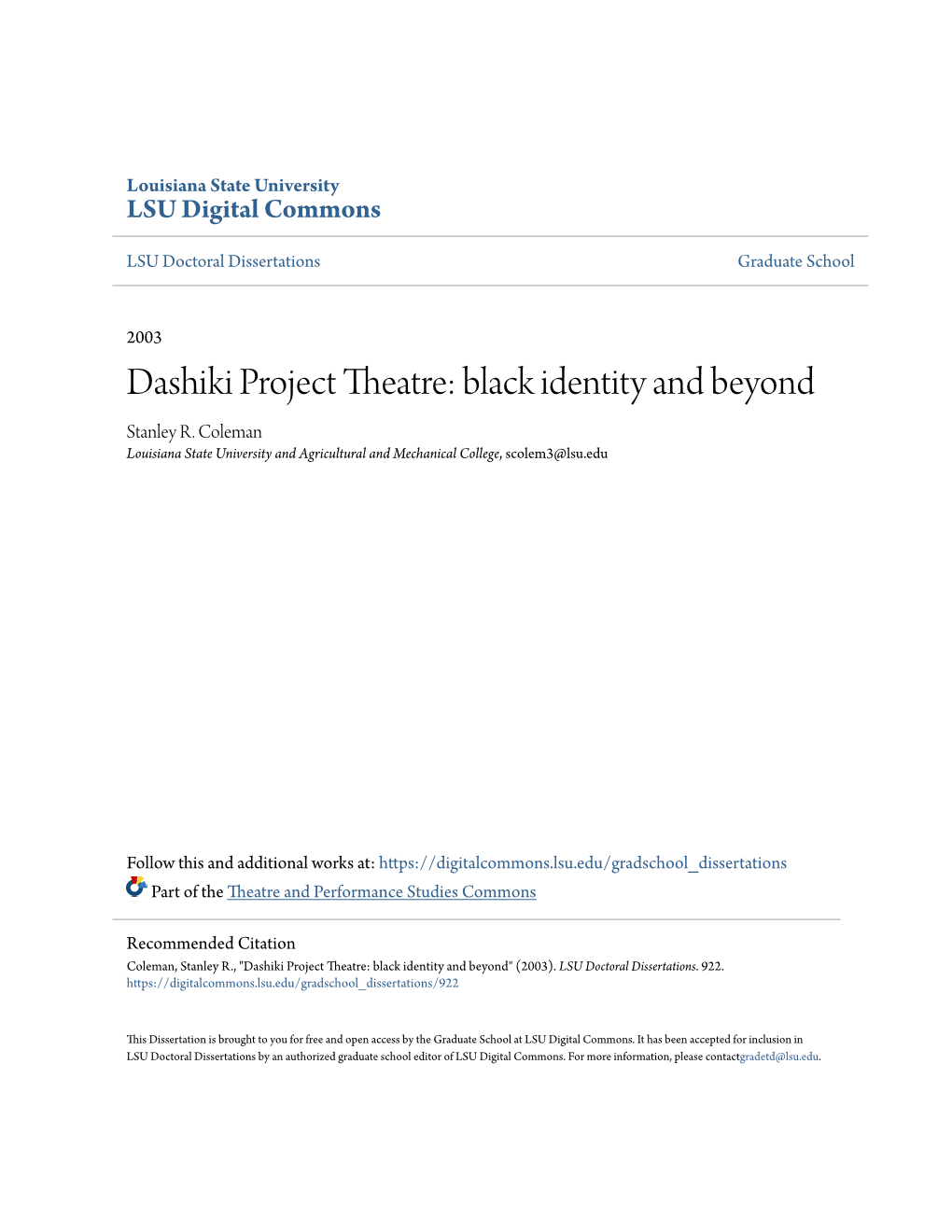 Dashiki Project Theatre: Black Identity and Beyond Stanley R