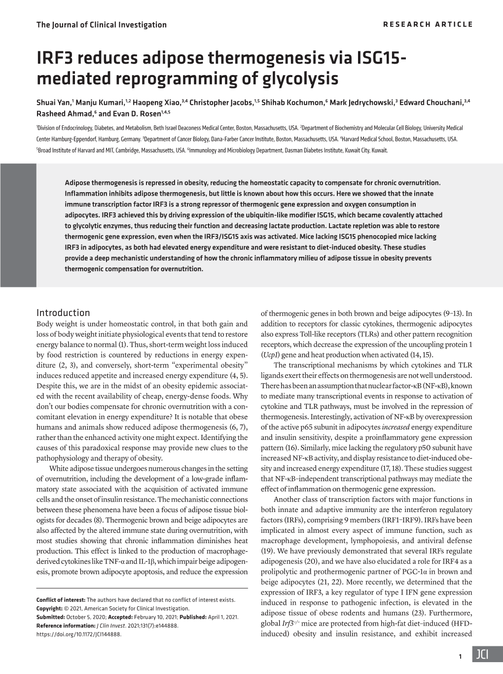 IRF3 Reduces Adipose Thermogenesis Via ISG15- Mediated Reprogramming of Glycolysis