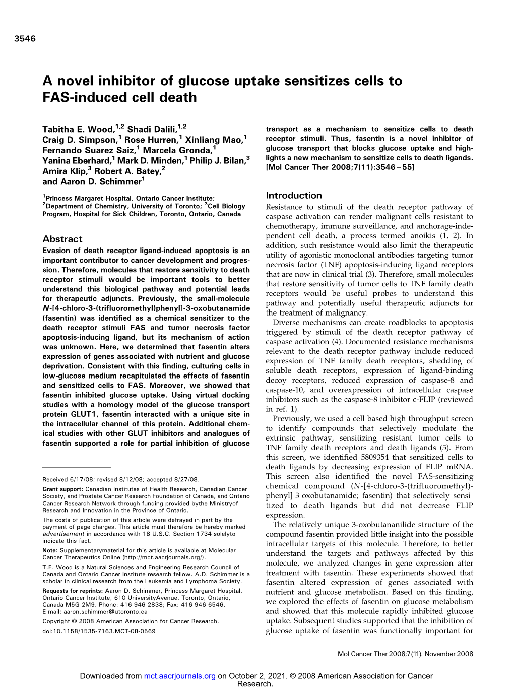 A Novel Inhibitor of Glucose Uptake Sensitizes Cells to FAS-Induced Cell Death