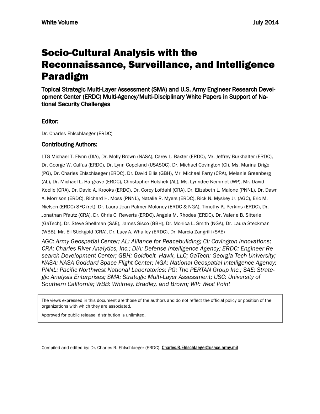 Socio-Cultural Analysis with the Reconnaissance, Surveillance, and Intelligence Paradigm Topical Strategic Multi-Layer Assessment (SMA) and U.S