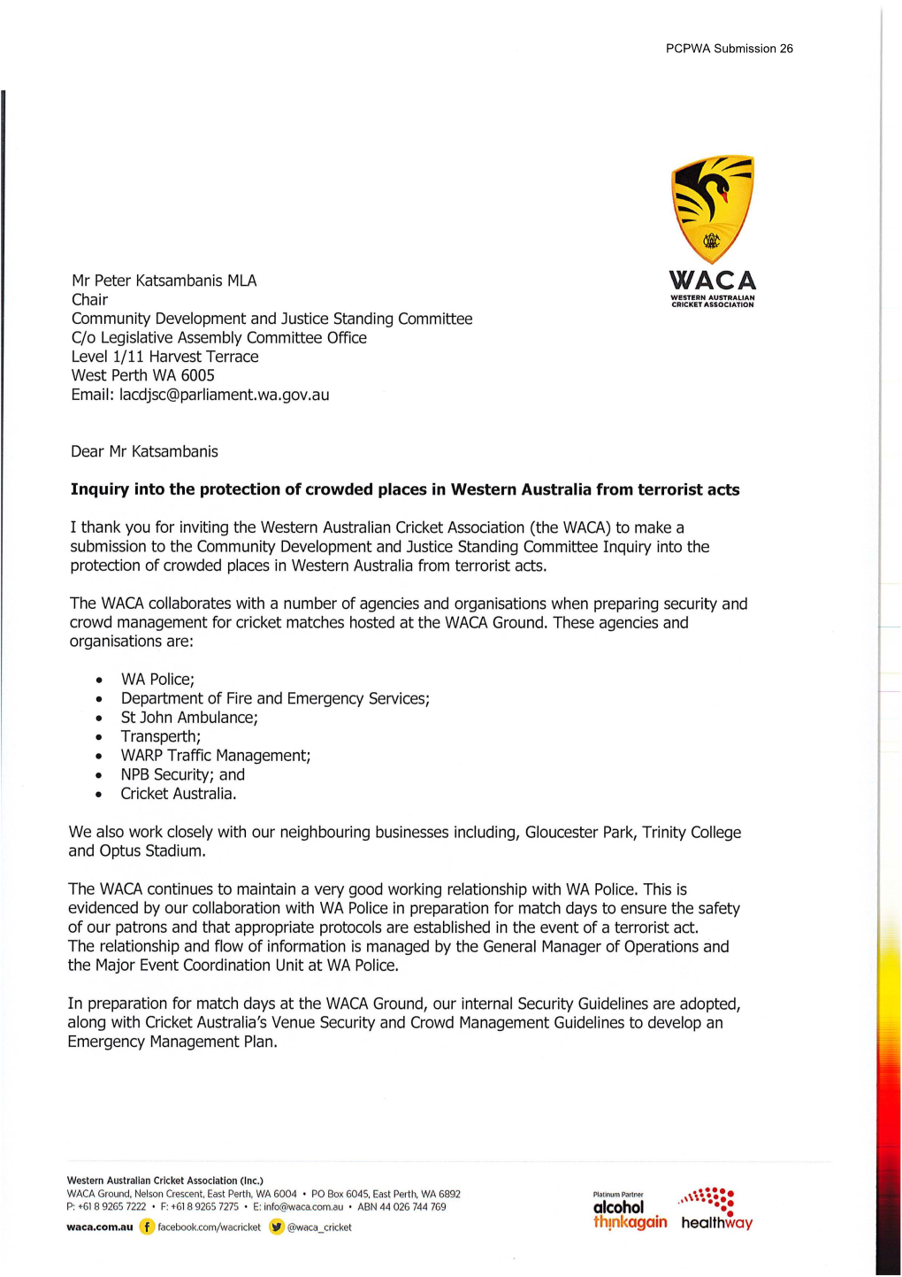 Western Australian Cricket Association Received on 29 Mar 2018