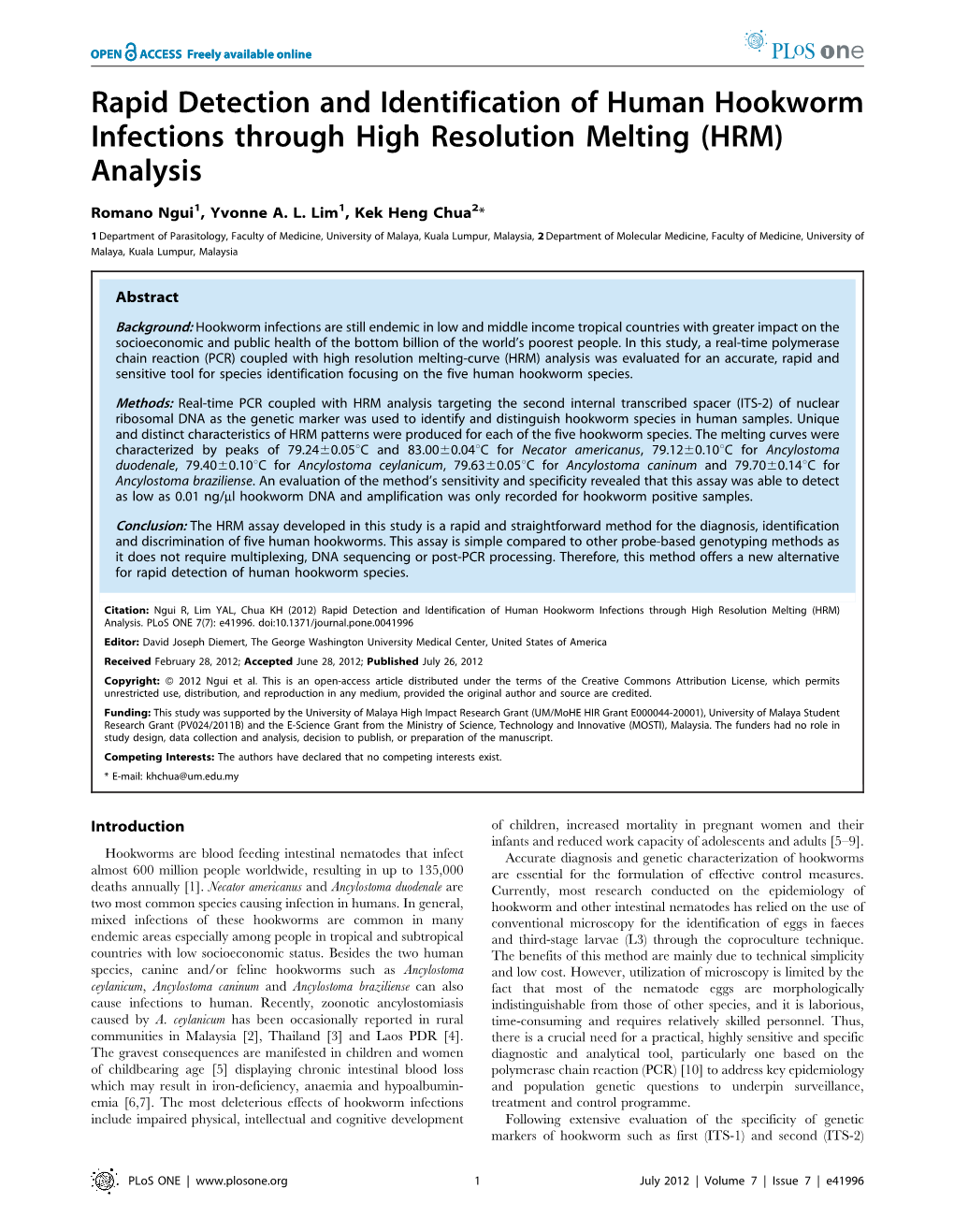 Rapid Detection and Identification of Human Hookworm Infections Through High Resolution Melting (HRM) Analysis