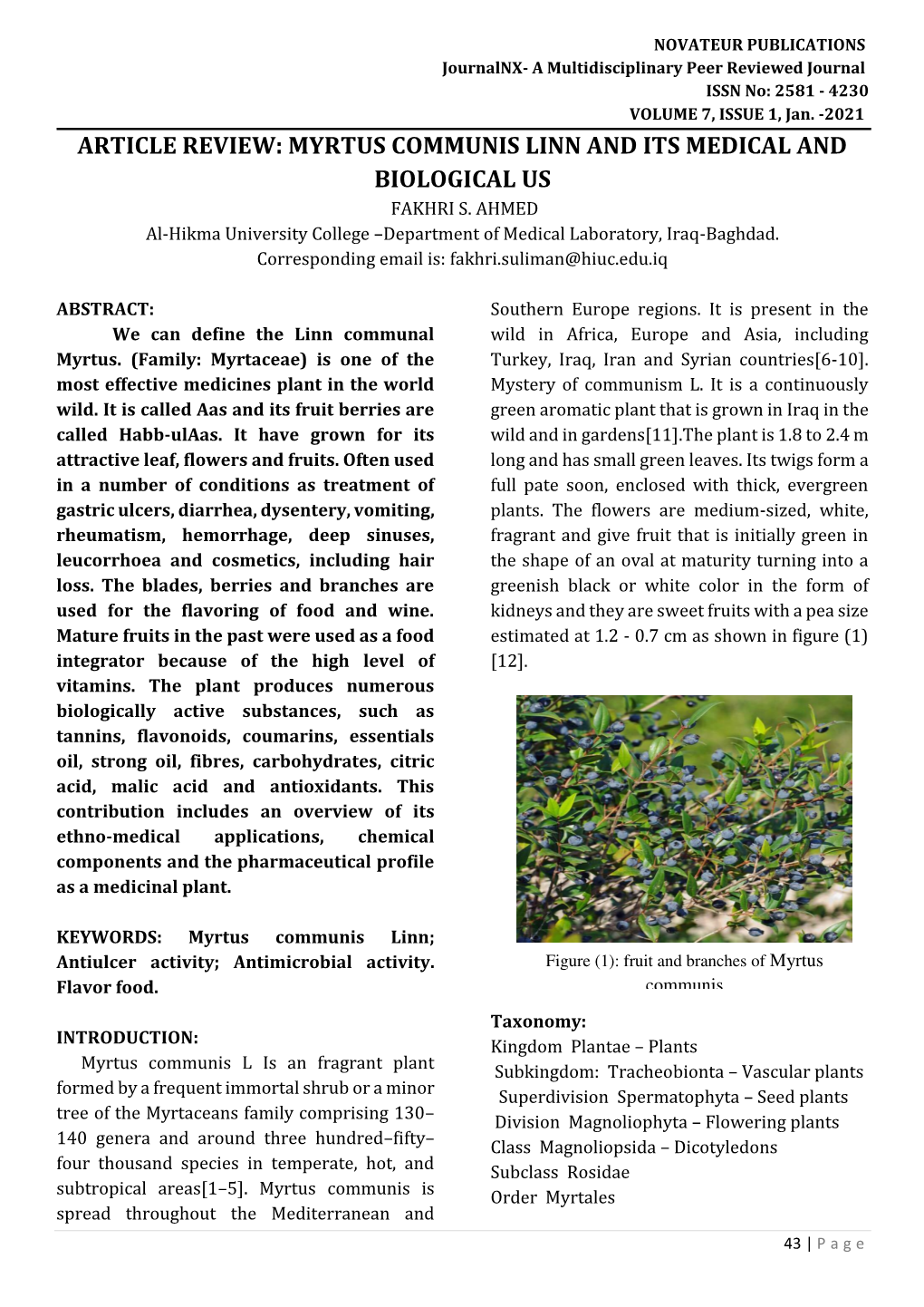 Myrtus Communis Linn and Its Medical and Biological Us Fakhri S
