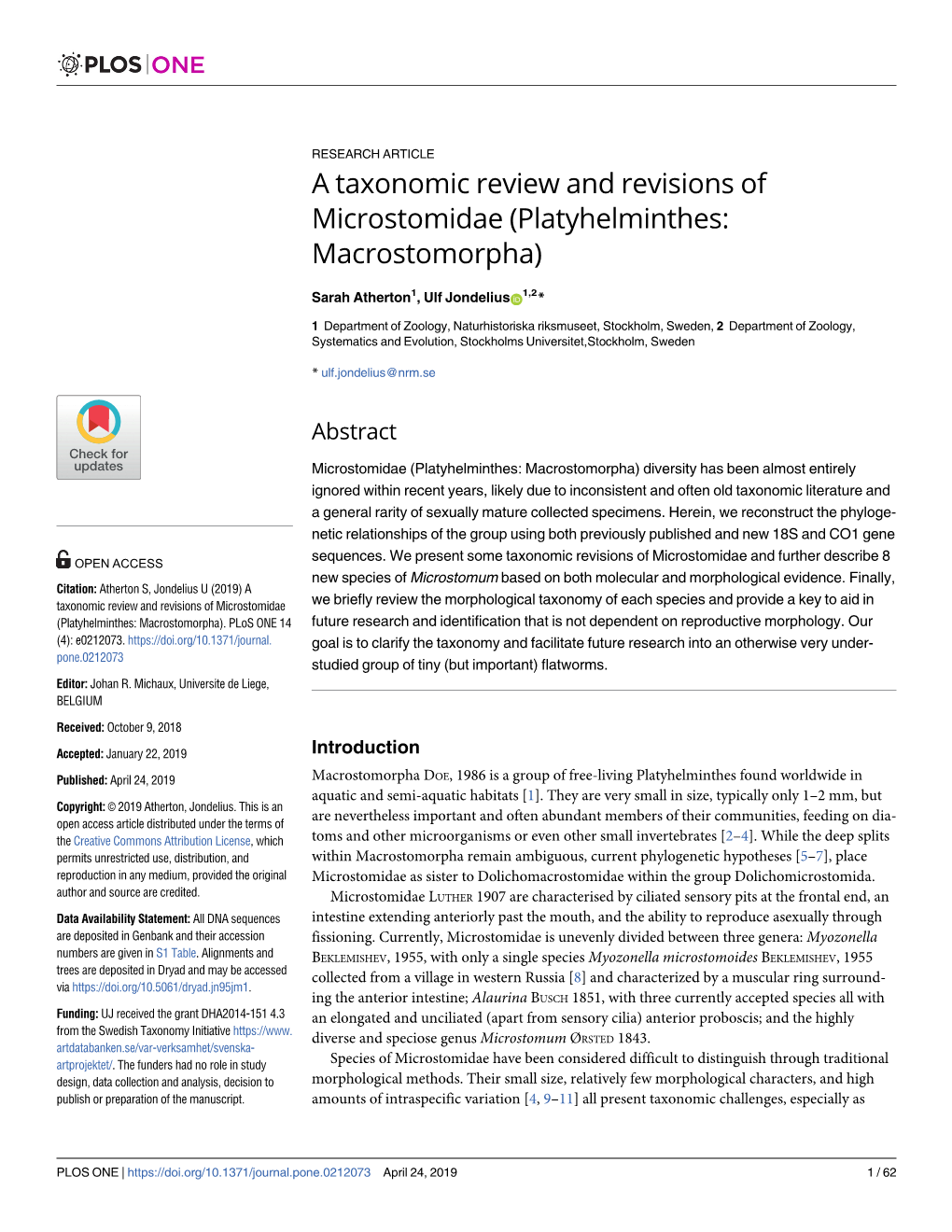 A Taxonomic Review and Revisions of Microstomidae (Platyhelminthes: Macrostomorpha)