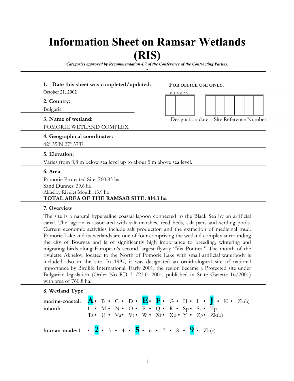 RIS) Categories Approved by Recommendation 4.7 of the Conference of the Contracting Parties