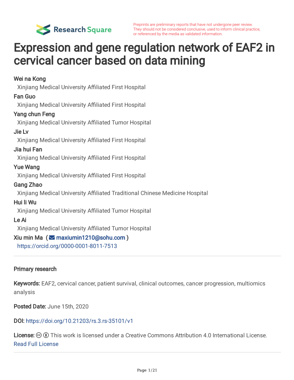 Expression and Gene Regulation Network of EAF2 in Cervical Cancer Based on Data Mining