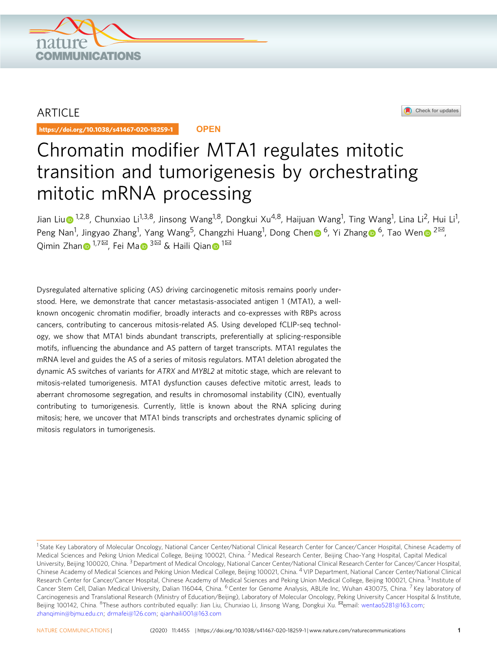 Chromatin Modifier MTA1 Regulates Mitotic Transition and Tumorigenesis