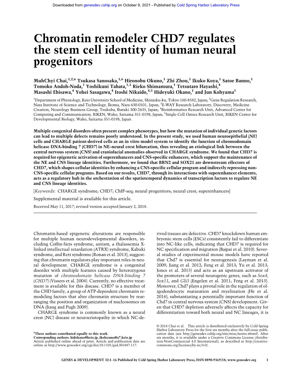 Chromatin Remodeler CHD7 Regulates the Stem Cell Identity of Human Neural Progenitors