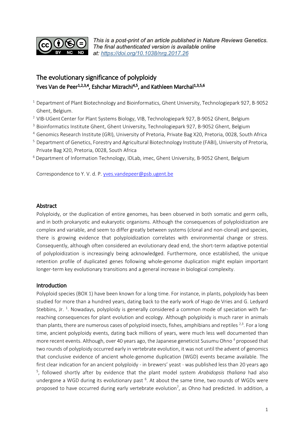 The Evolutionary Significance of Polyploidy Yves Van De Peer1,2,3,4, Eshchar Mizrachi4,5, and Kathleen Marchal1,3,5,6