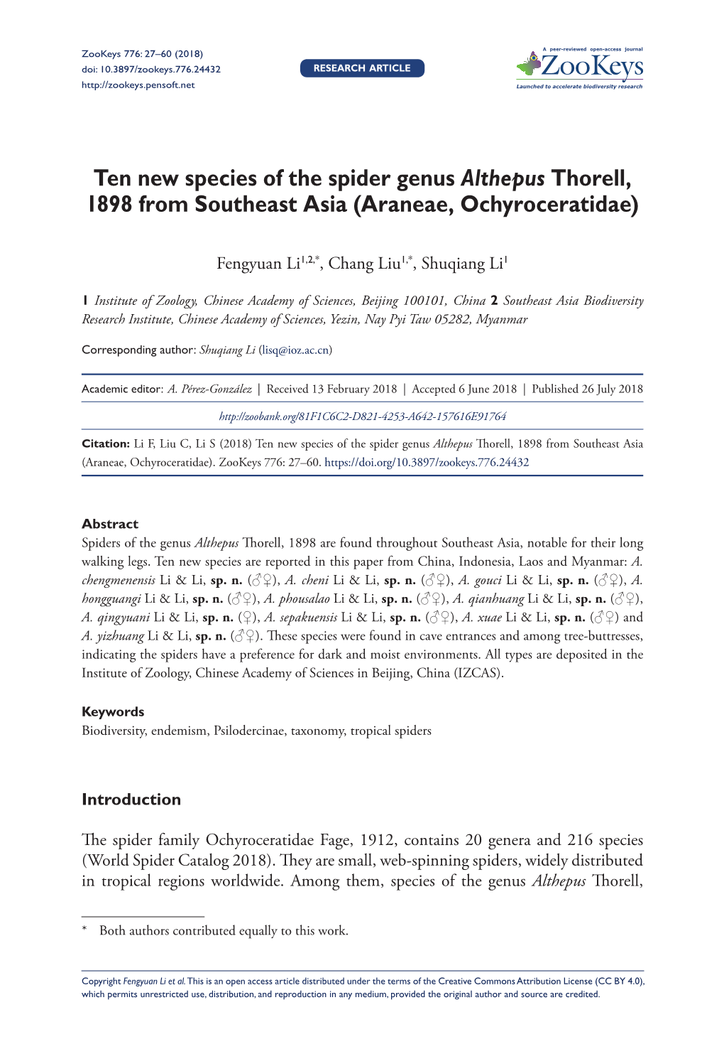 Ten New Species of the Spider Genus Althepus Thorell, 1898 from Southeast Asia (Araneae, Ochyroceratidae)