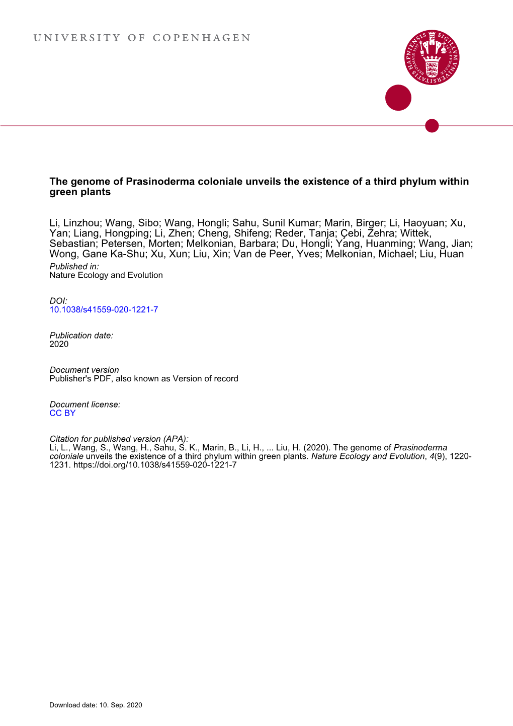 The Genome of Prasinoderma Coloniale Unveils the Existence of a Third Phylum Within Green Plants