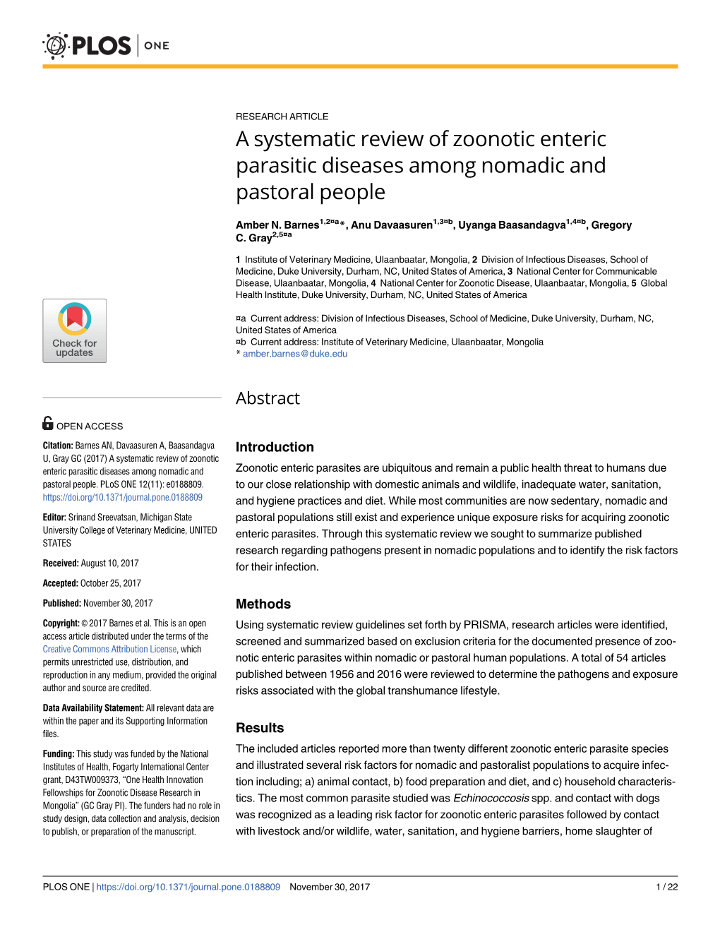 A Systematic Review of Zoonotic Enteric Parasitic Diseases Among Nomadic and Pastoral People