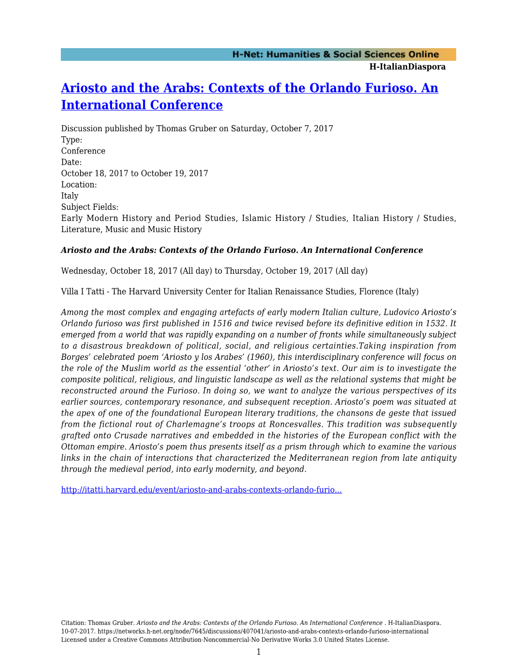 Ariosto and the Arabs: Contexts of the Orlando Furioso. an International Conference