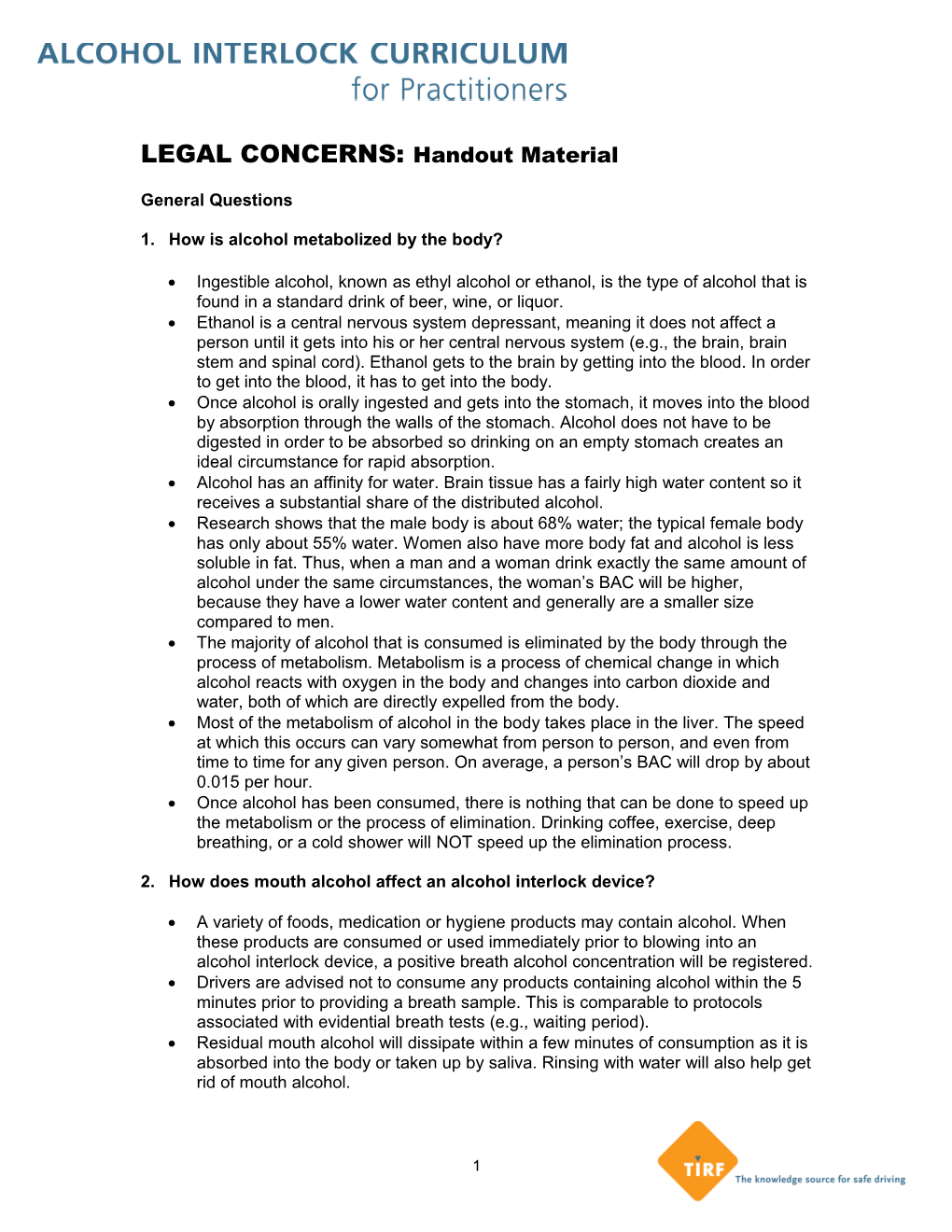 LEGAL CONCERNS: Handout Material