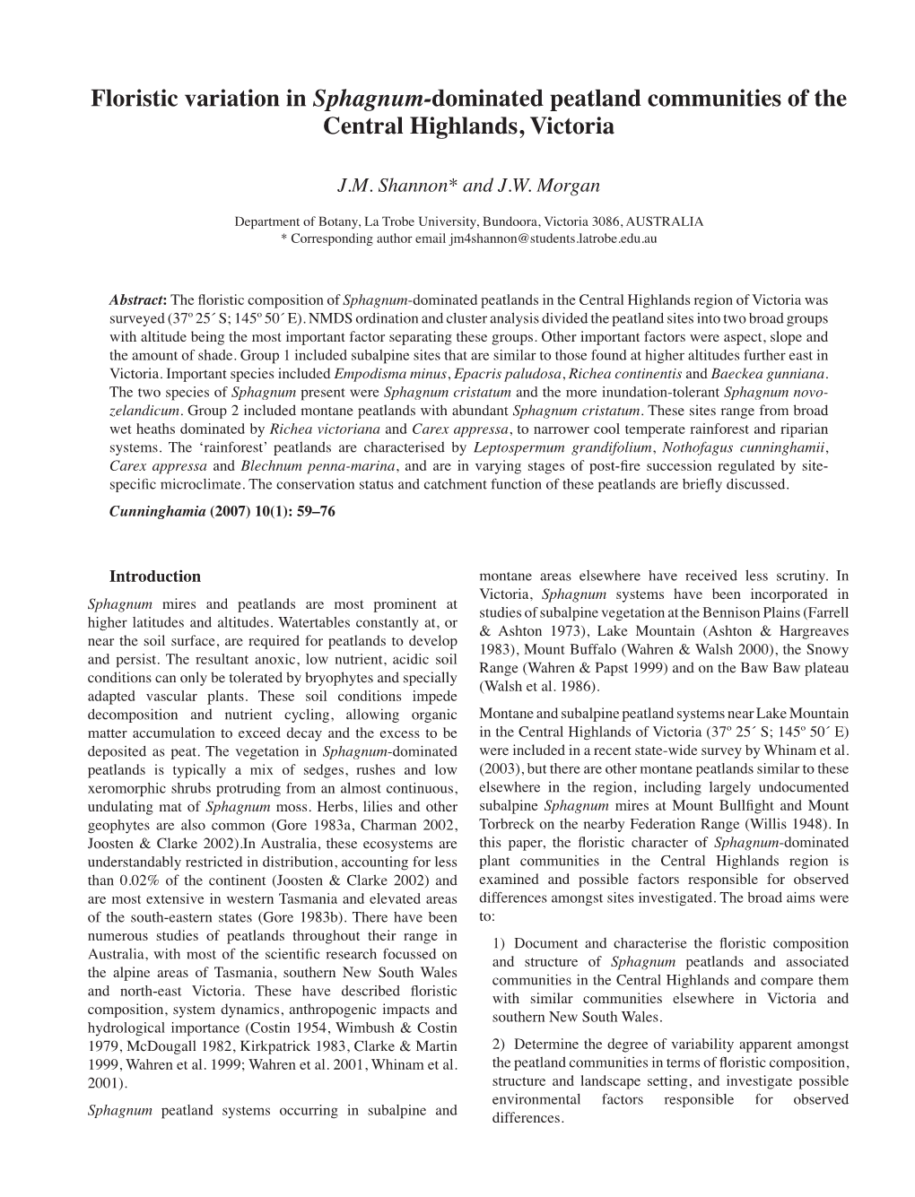 Floristic Variation in Sphagnum-Dominated Peatland Communities of the Central Highlands, Victoria