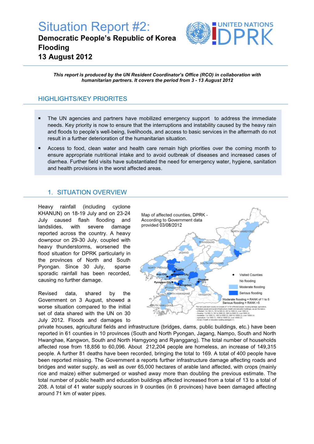 Situation Report #2: Democratic People’S Republic of Korea Flooding 13 August 2012