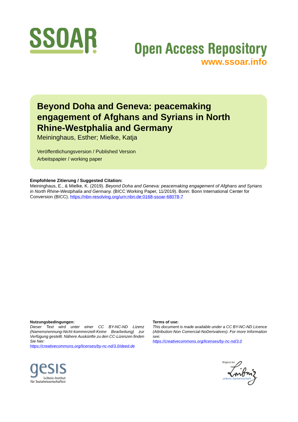 Peacemaking Engagement of Afghans and Syrians in North Rhine-Westphalia and Germany Meininghaus, Esther; Mielke, Katja