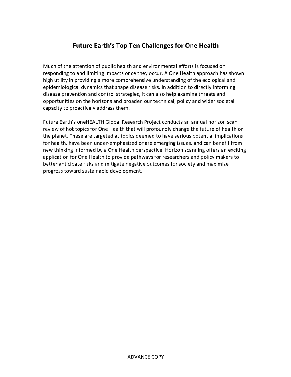 Future Earth's Top Ten Challenges for One Health