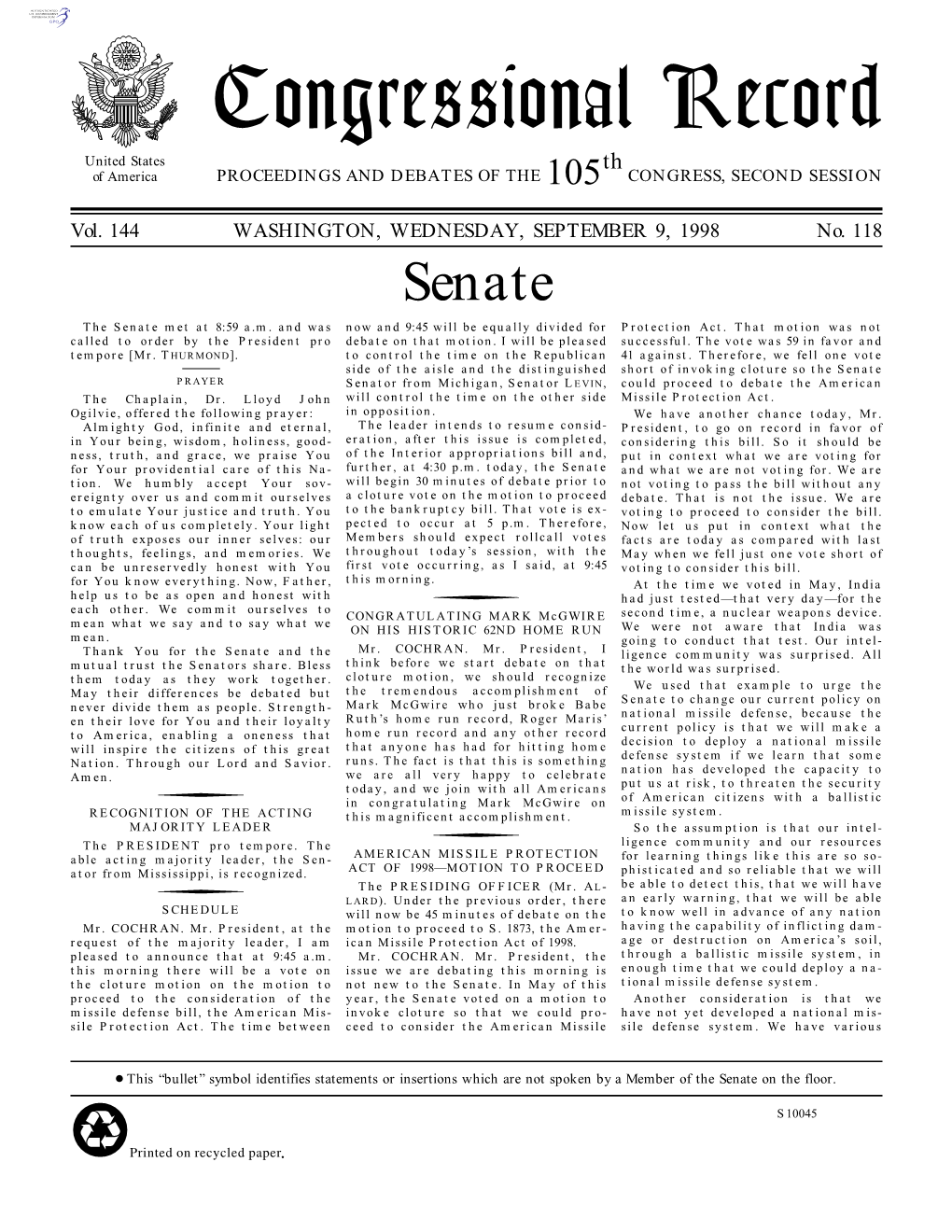 Congressional Record United States Th of America PROCEEDINGS and DEBATES of the 105 CONGRESS, SECOND SESSION