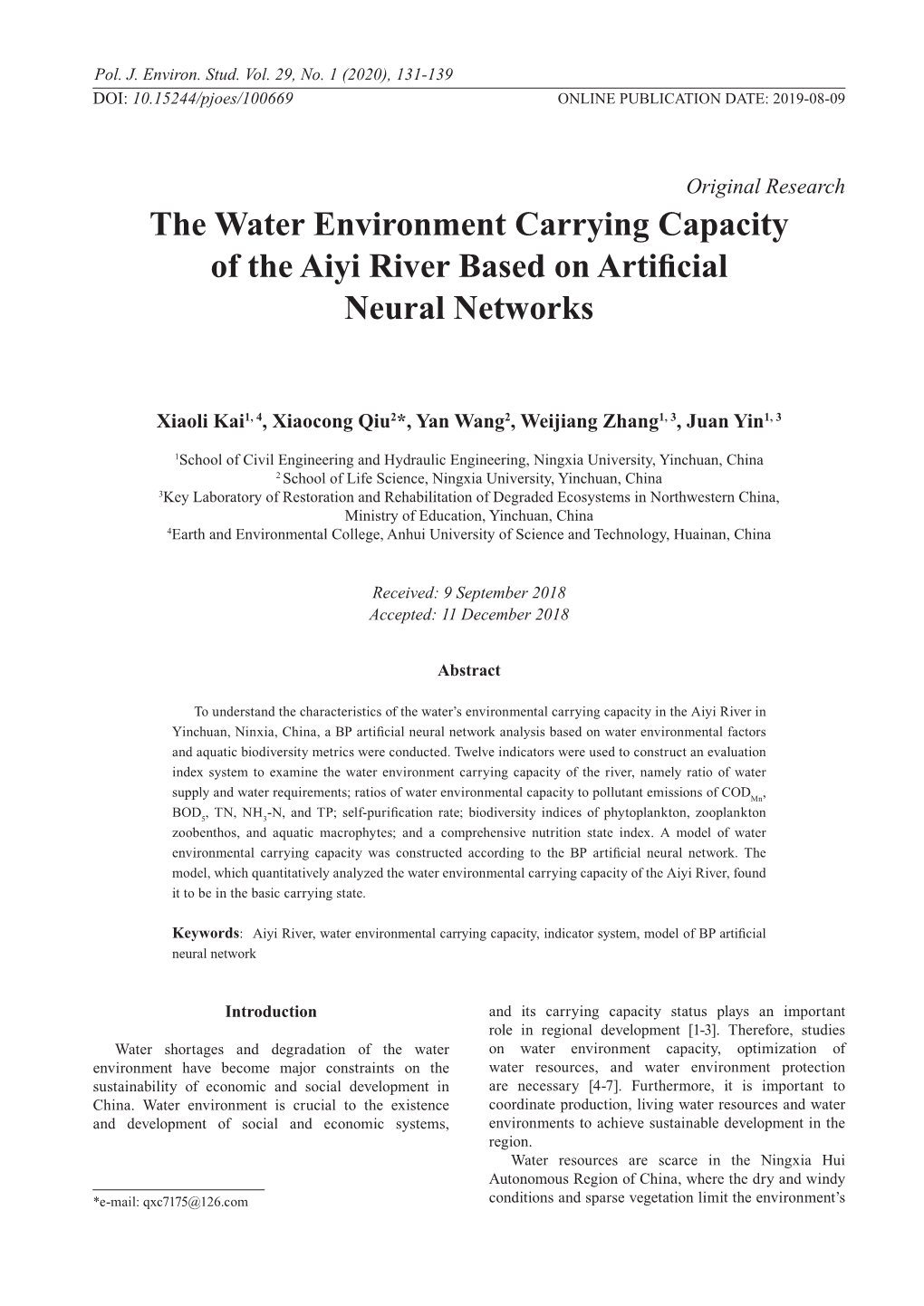 The Water Environment Carrying Capacity of the Aiyi River Based on Artificial Neural Networks