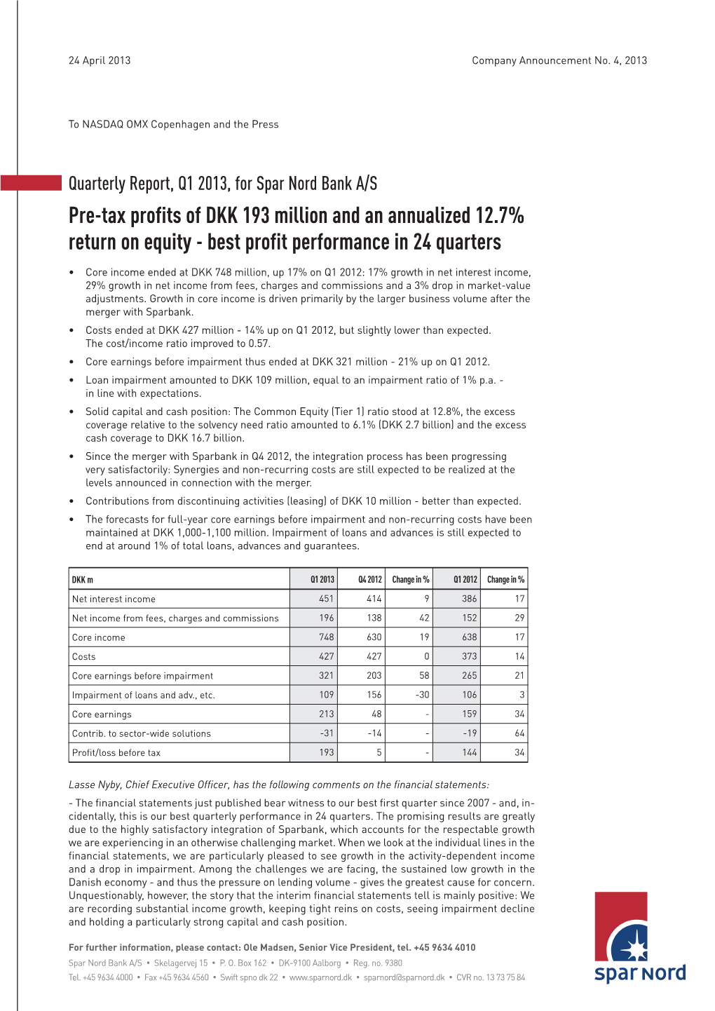 Pre-Tax Profits of DKK 193 Million and an Annualized 12.7% Return on Equity - Best Profit Performance in 24 Quarters