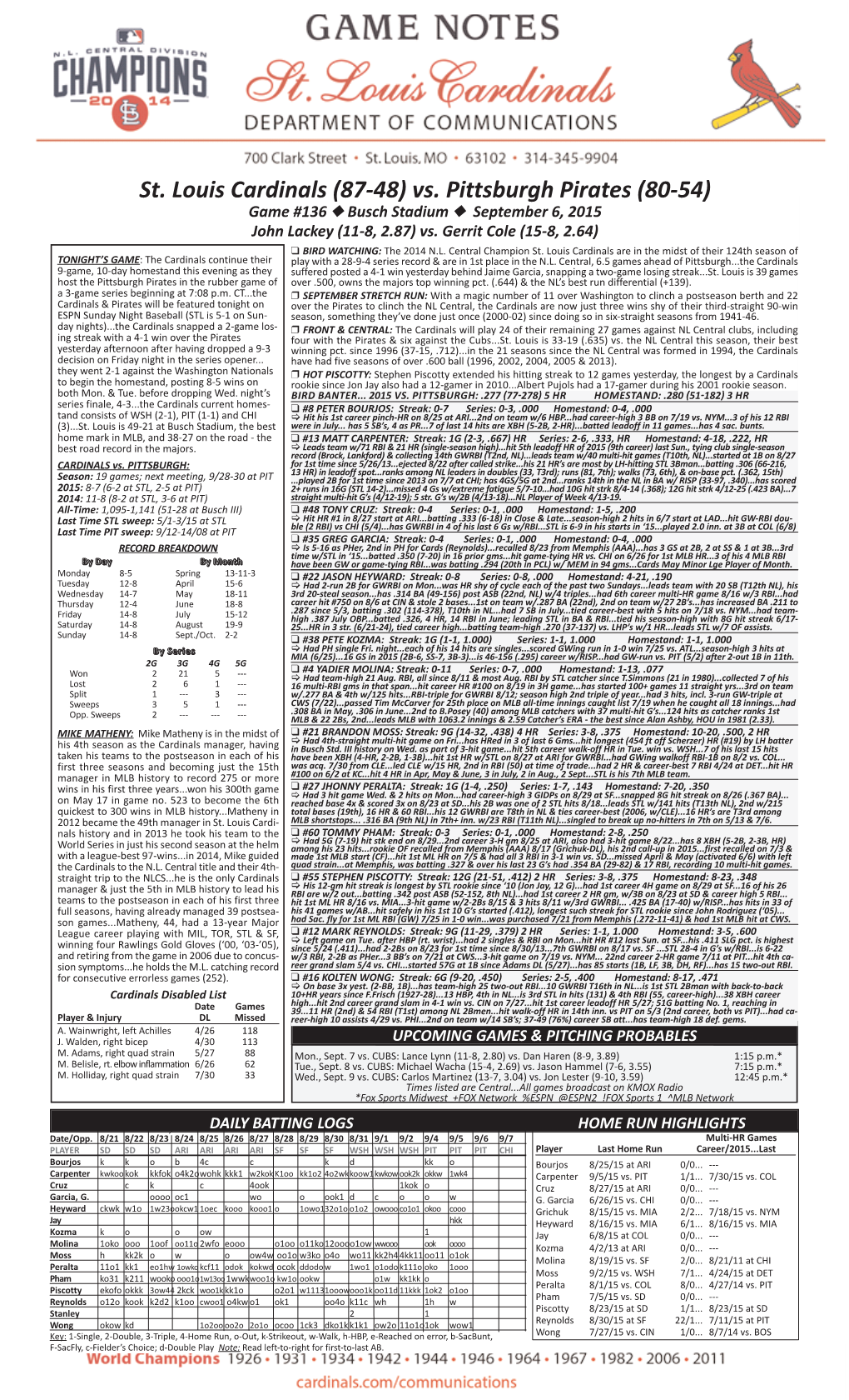 St. Louis Cardinals (87-48) Vs. Pittsburgh Pirates (80-54) Game #136 N Busch Stadium N September 6, 2015 John Lackey (11-8, 2.87) Vs