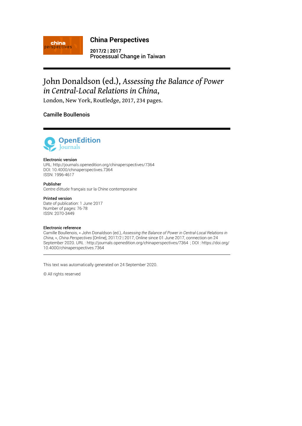 China Perspectives, 2017/2 | 2017 John Donaldson (Ed.), Assessing the Balance of Power in Central-Local Relatio