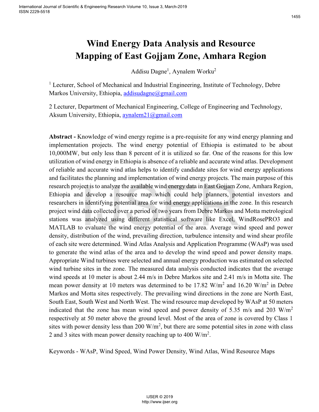 Wind Energy Data Analysis and Resource Mapping of East Gojjam Zone, Amhara Region