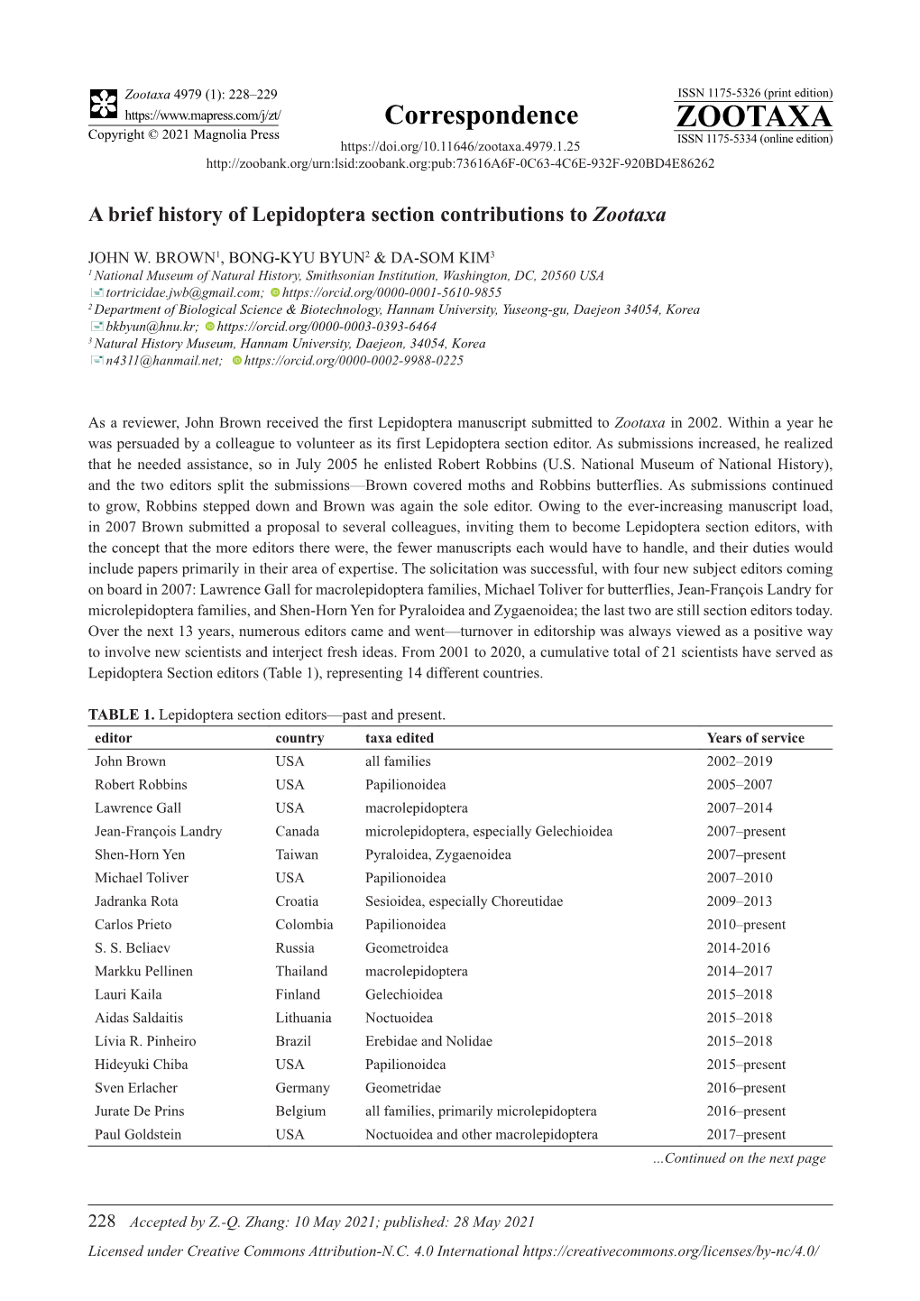 A Brief History of Lepidoptera Section Contributions to Zootaxa