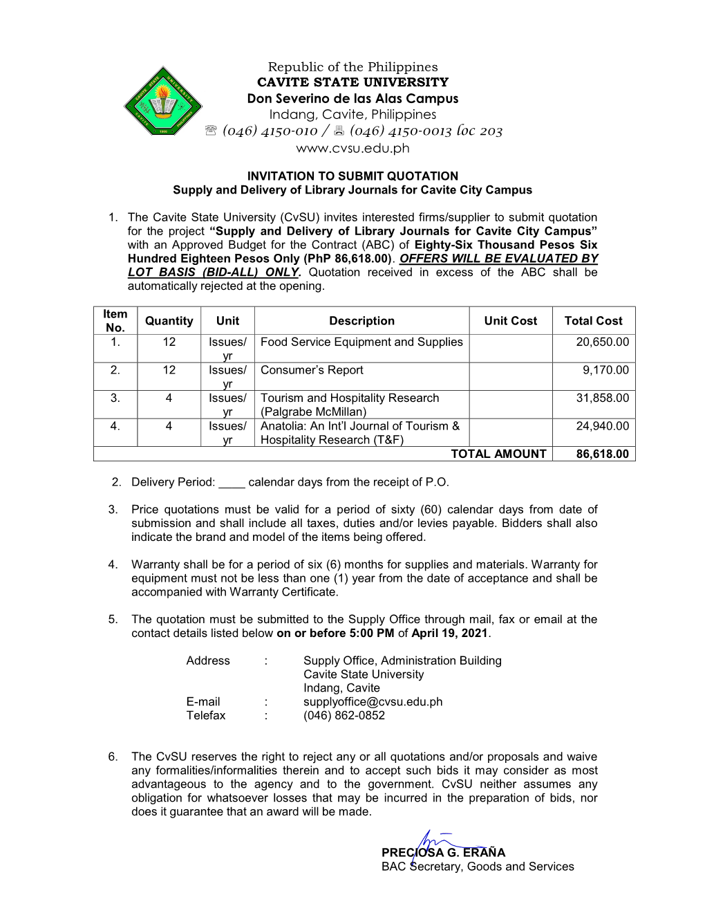 Supply and Delivery of Library Journals for Cavite City Campus