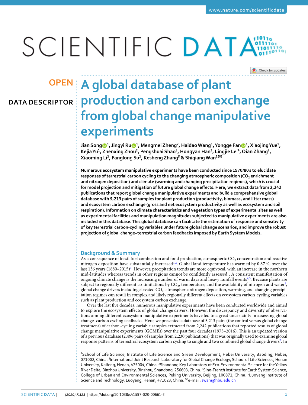 A Global Database of Plant Production and Carbon Exchange from Global Change Manipulative Experiments