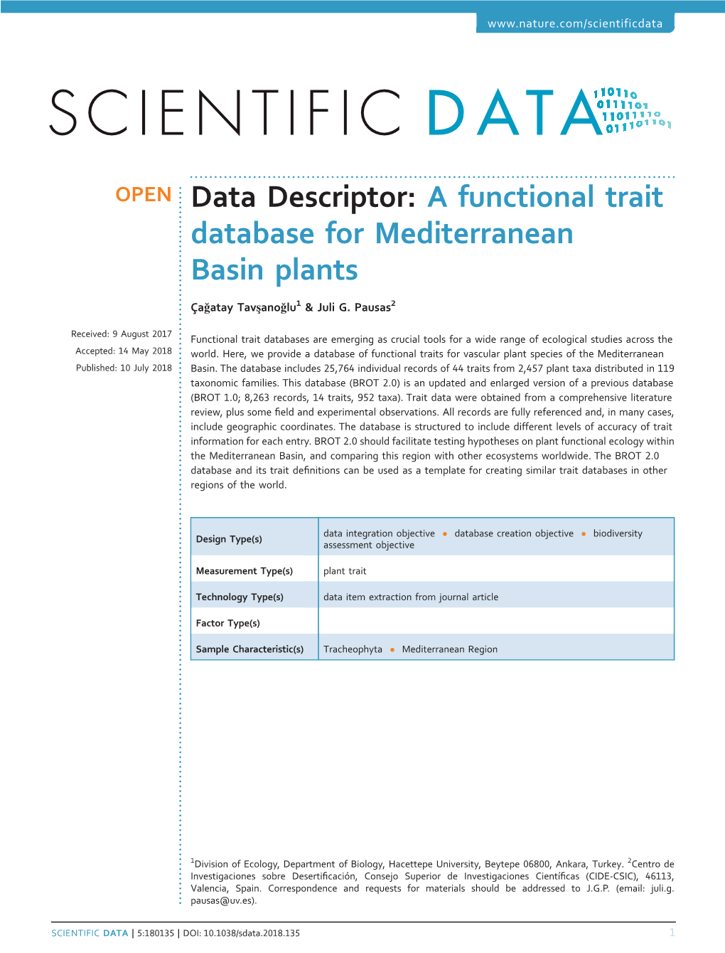 A Functional Trait Database for Mediterranean Basin Plants