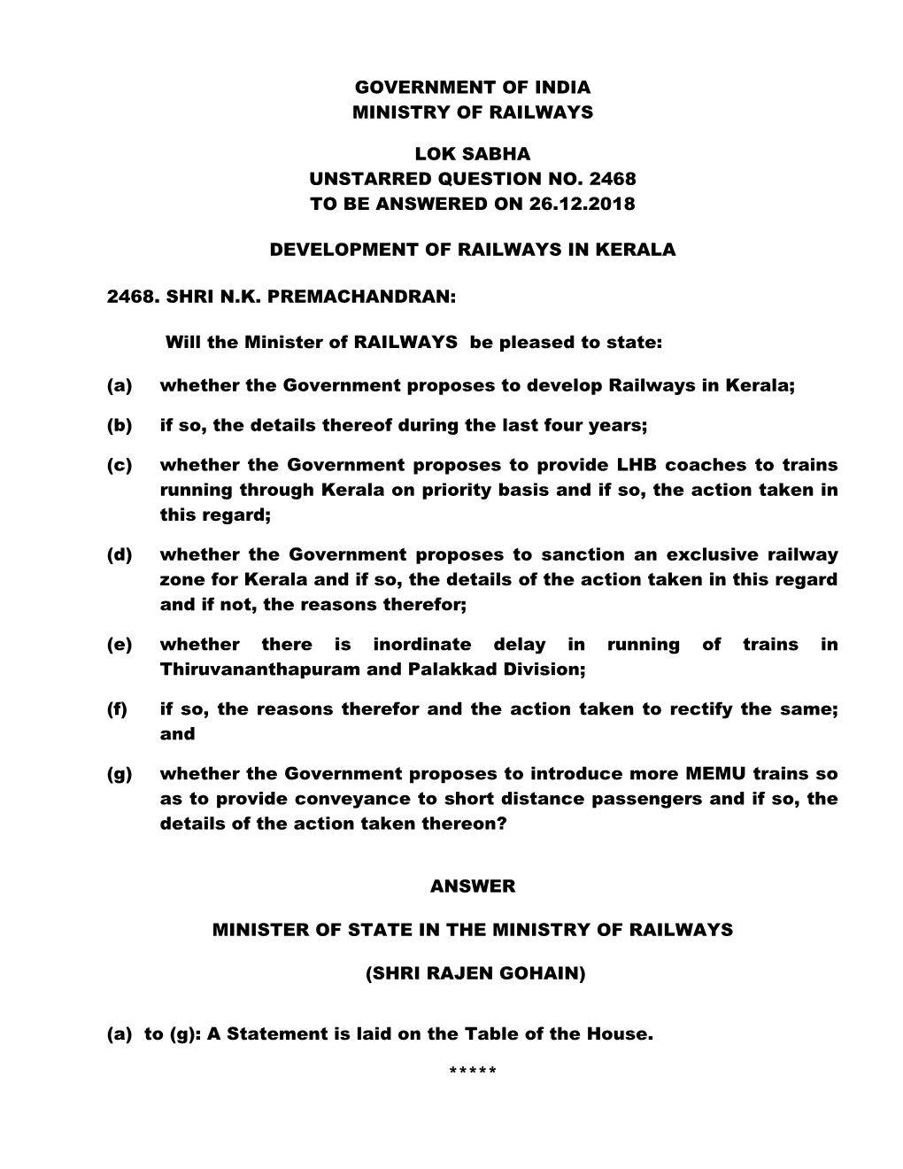 Government of India Ministry of Railways Lok Sabha